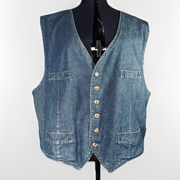 Vintage 90s Womens Large Blue Denim Vest Buttons Pocket Detail Pointed Hem Jean - Picture 1 of 5